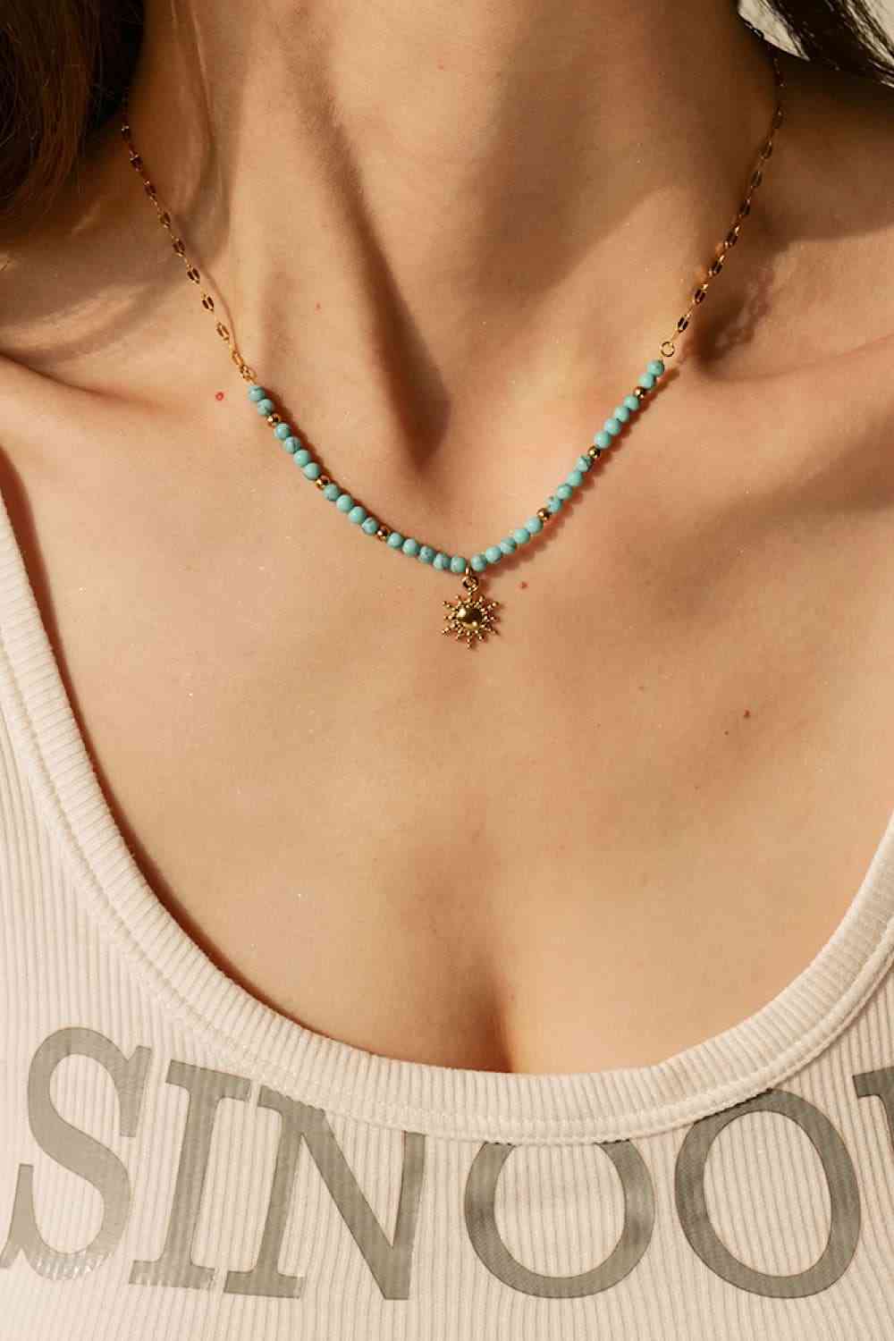 Turquoise Beaded 18K Gold-Plated Sun Shape Pendant Necklace BLUE ZONE PLANET