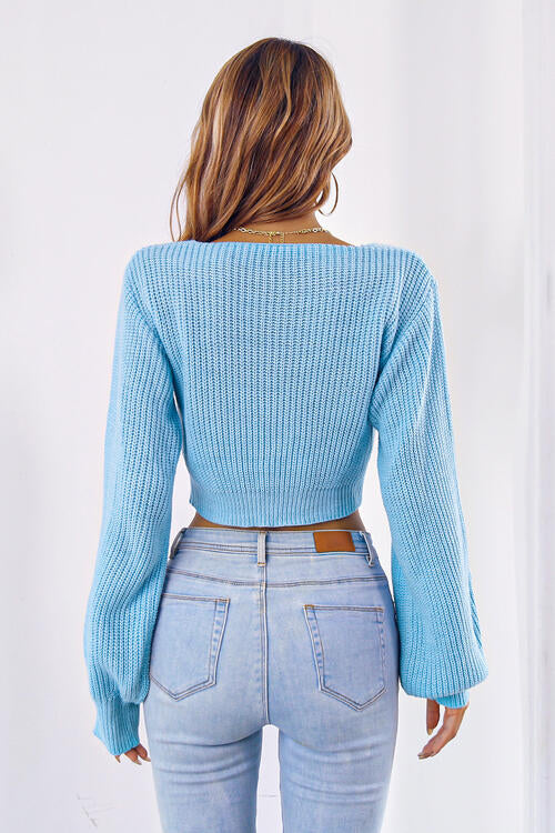 Bow V-Neck Long Sleeve Cropped Sweater BLUE ZONE PLANET
