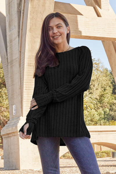 Basic Bae Full Size Ribbed Round Neck Long Sleeve Knit Top BLUE ZONE PLANET