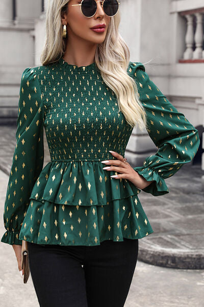 Smocked Flounce Sleeve Layered Blouse BLUE ZONE PLANET