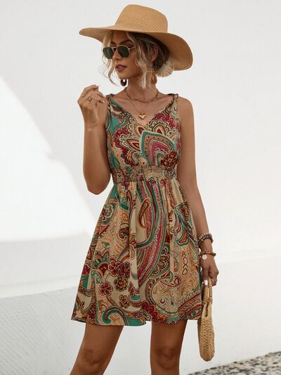 Blue Zone Planet | Smocked Printed V-Neck Mini Dress BLUE ZONE PLANET