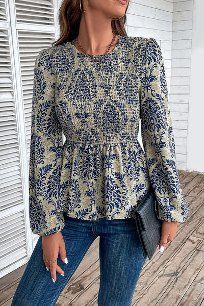 Blue Zone Planet | Smocked Printed Balloon Sleeve Blouse BLUE ZONE PLANET