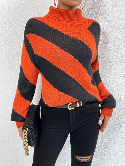 Blue Zone Planet | Striped Turtleneck Dropped Shoulder Sweater BLUE ZONE PLANET