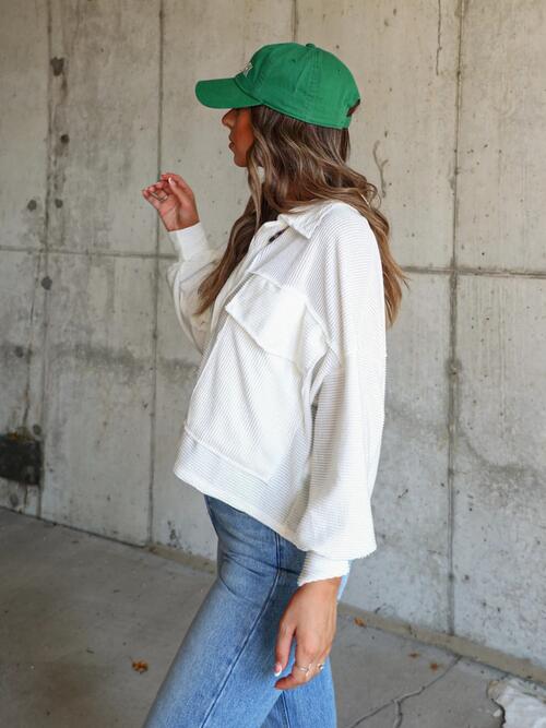 Ribbed Collared Neck Button Up Jacket BLUE ZONE PLANET