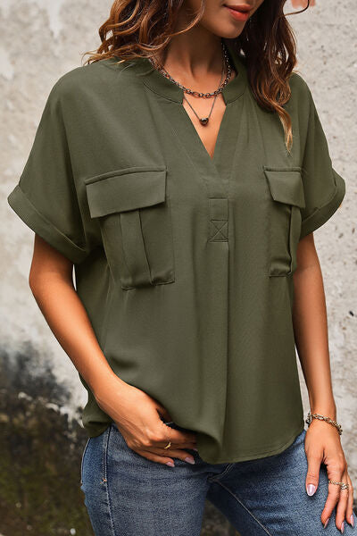 Blue Zone Planet | Pocketed Notched Short Sleeve Blouse BLUE ZONE PLANET
