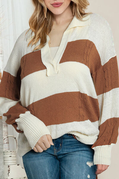 Striped Johnny Collar Dropped Shoulder Sweater-TOPS / DRESSES-[Adult]-[Female]-Caramel-S-2022 Online Blue Zone Planet