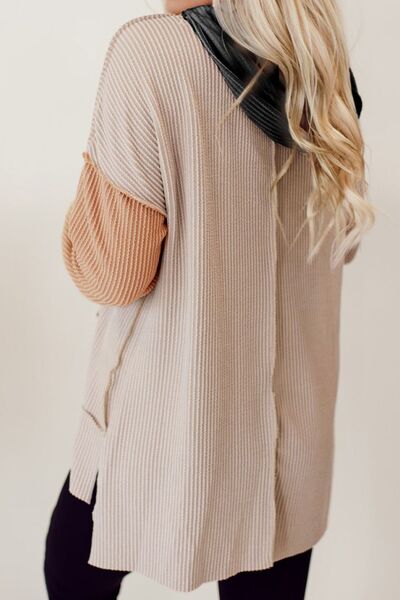 Color Block Exposed Seam Dropped Shoulder Hoodie Trendsi