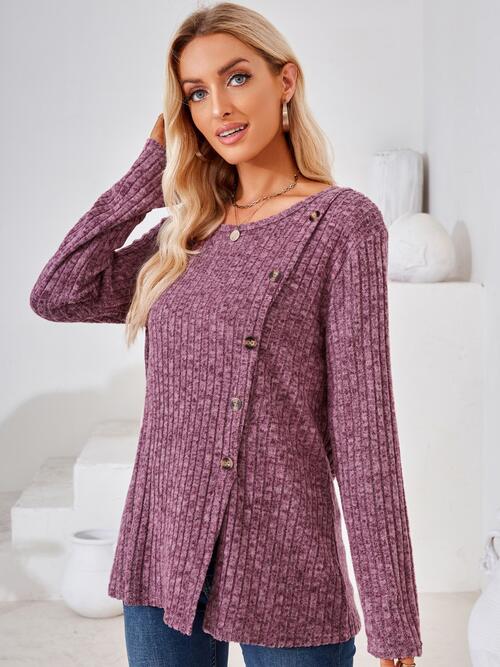 Ribbed Buttoned Round Neck Slit T-Shirt BLUE ZONE PLANET