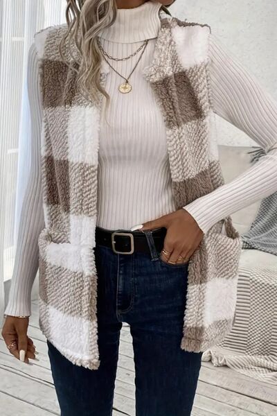 Sherpa Plaid Open Front Vest Coat BLUE ZONE PLANET