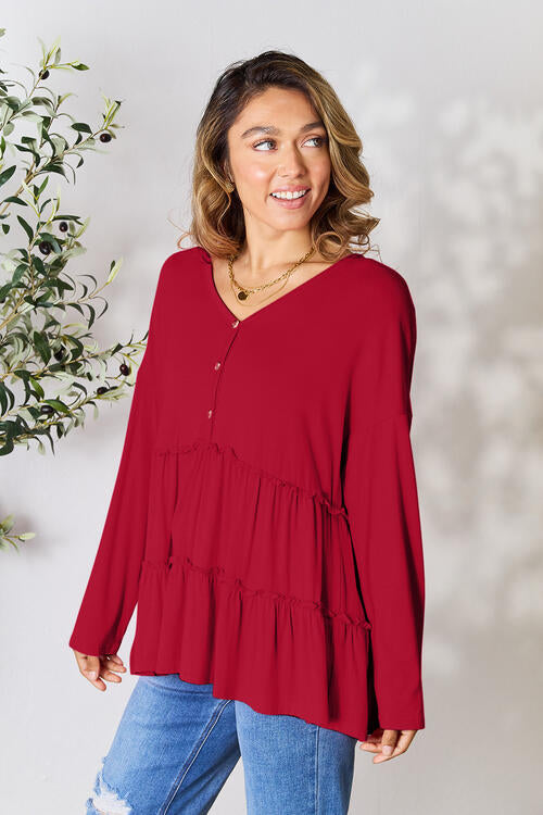 Double Take Half Button Long Sleeve Ruffle Hem Blouse BLUE ZONE PLANET