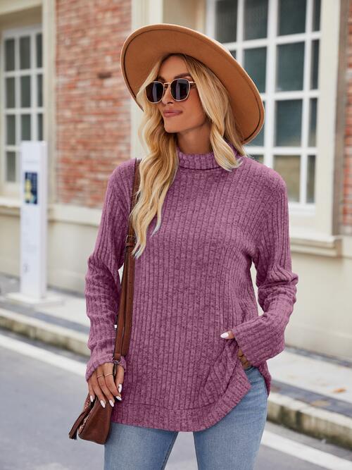Ribbed Turtleneck Long Sleeve Slit Knit Top BLUE ZONE PLANET