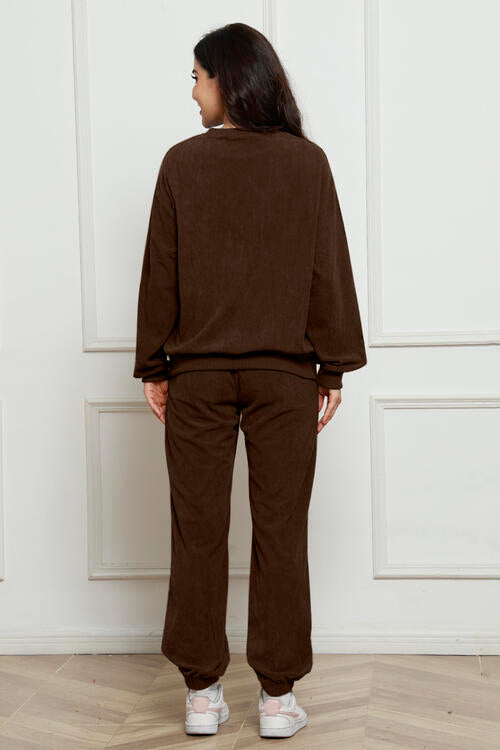 Round Neck Sweatshirt and Sweatpants Set BLUE ZONE PLANET