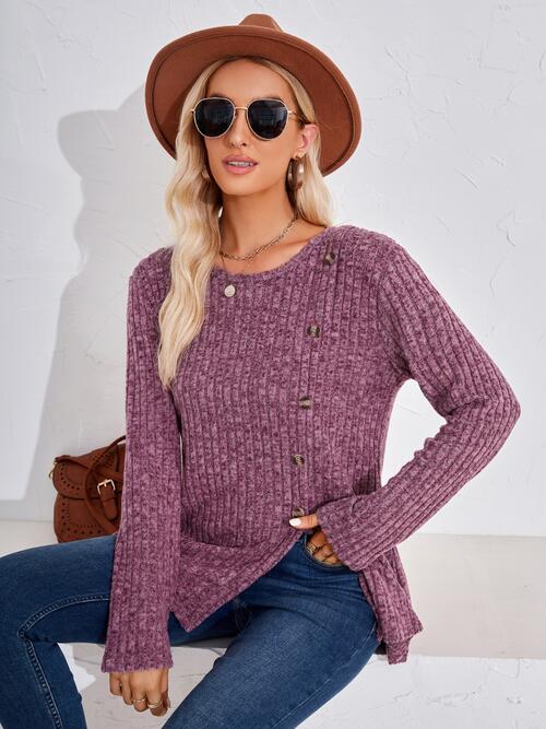 Ribbed Buttoned Round Neck Slit T-Shirt BLUE ZONE PLANET