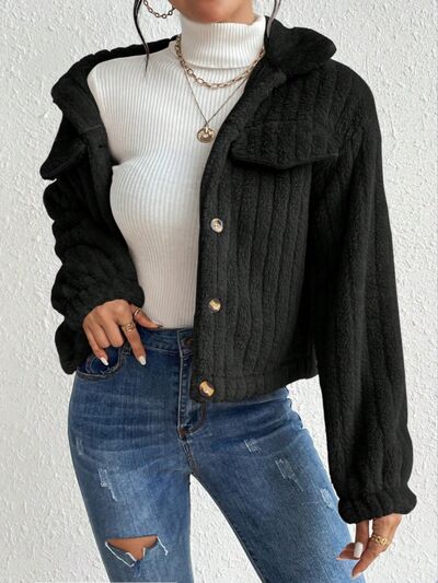 Blue Zone Planet | Fuzzy Button Up Collared Neck Jacket BLUE ZONE PLANET