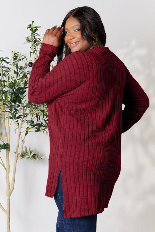 Basic Bae Full Size Ribbed Round Neck Long Sleeve Slit Top BLUE ZONE PLANET