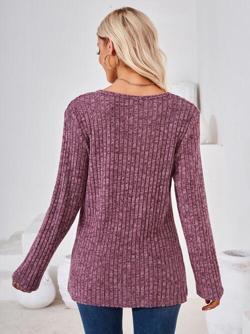 Ribbed Buttoned Round Neck Slit T-Shirt BLUE ZONE PLANET
