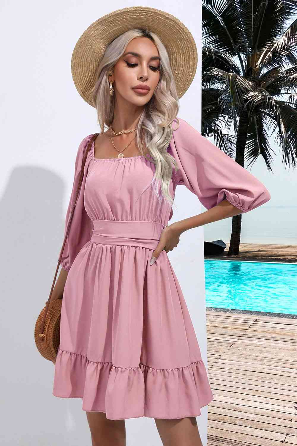 Blue Zone Planet |  Square Neck Tie Back Ruffle Hem Dress BLUE ZONE PLANET