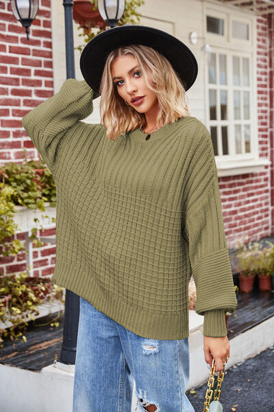 Ribbed Drop Shoulder Lantern Sleeve Sweater BLUE ZONE PLANET