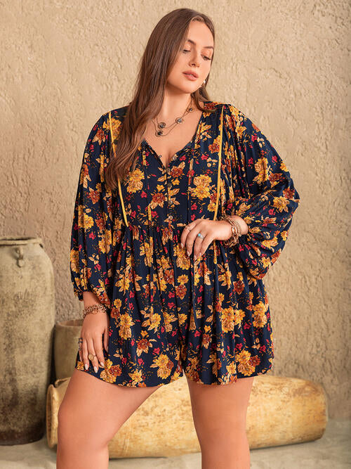 Plus Size Floral Tie Neck Balloon Sleeve Romper BLUE ZONE PLANET