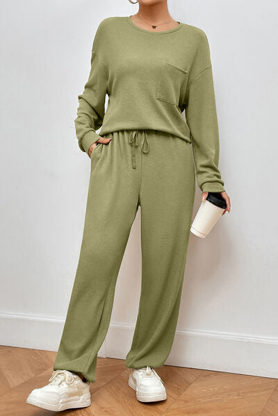 Pocketed Round Neck Top and Pants Lounge Set Trendsi