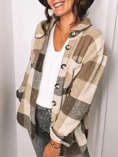 Blue Zone Planet | Plaid Pocketed Dropped Shoulder Button Up Jacket BLUE ZONE PLANET