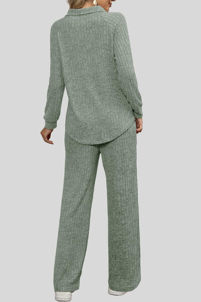 Blue Zone Planet | Ribbed Long Sleeve Top and Pocketed Pants Set BLUE ZONE PLANET