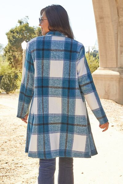 Double Take Full Size Plaid Button Up Lapel Collar Coat BLUE ZONE PLANET