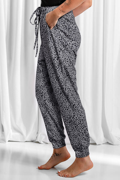 Blue Zone Planet | Full Size Leopard Drawstring Pocketed Pants BLUE ZONE PLANET