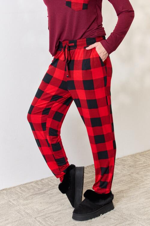 Zenana Full Size Plaid Round Neck Top and Pants Pajama Set BLUE ZONE PLANET