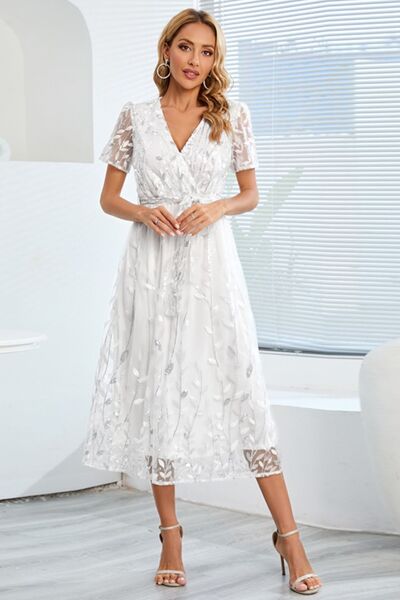 Blue Zone Planet |  Sequin Leaf Embroidery Tie Front Short Sleeve Dress BLUE ZONE PLANET