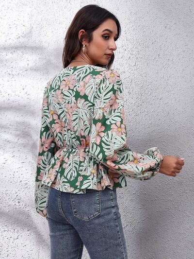 Floral V-Neck Balloon Sleeve Peplum Blouse BLUE ZONE PLANET