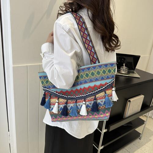 Printed Tassel Detail Tote Bag BLUE ZONE PLANET