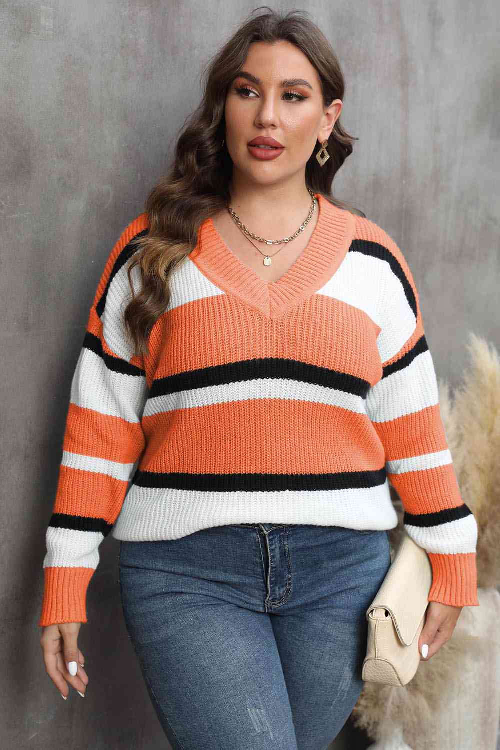 Plus Size Striped V-Neck Dropped Shoulder Sweater BLUE ZONE PLANET