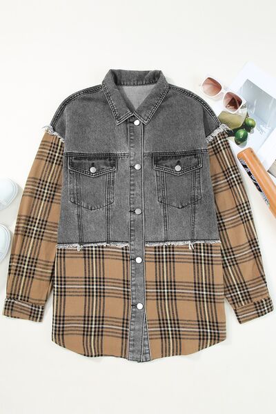 Plaid Raw Hem Button Up Denim Jacket Trendsi