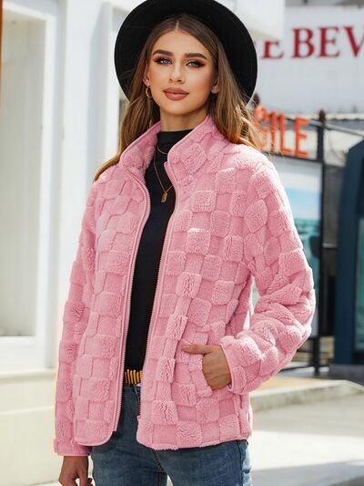 Blue Zone Planet | Fuzzy Checkered Zip Up Jacket BLUE ZONE PLANET