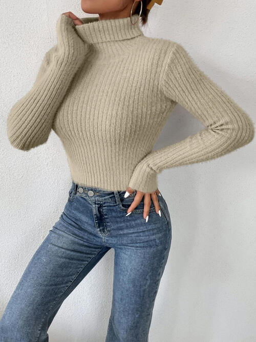 Ribbed Turtleneck Long Sleeve Sweater BLUE ZONE PLANET