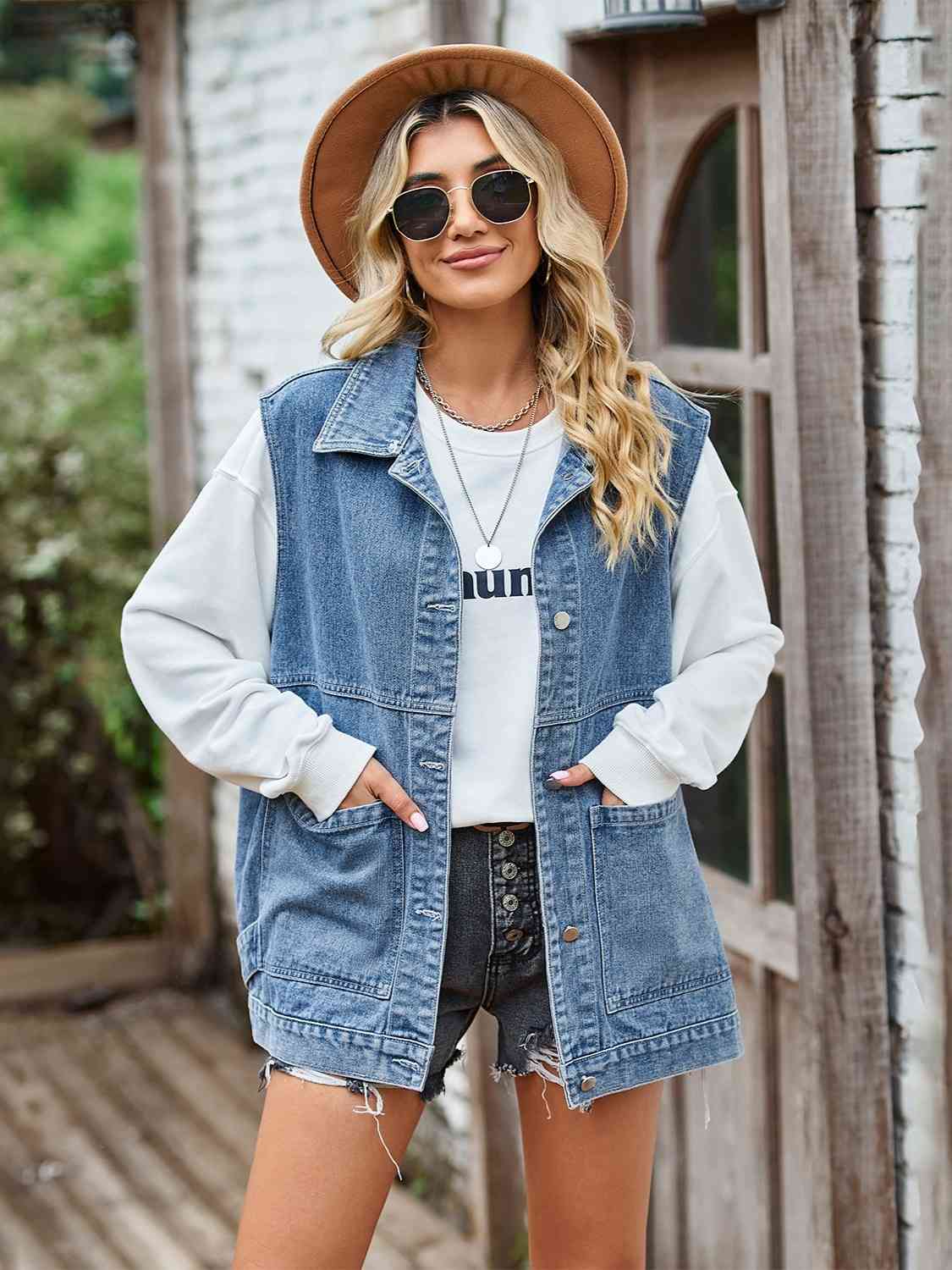Button Front Sleeveless Denim Jacket BLUE ZONE PLANET
