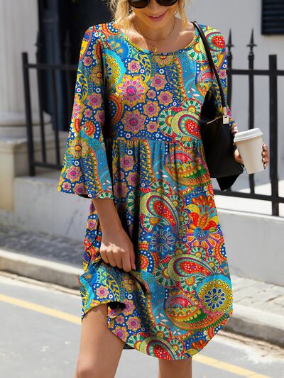 Paisley Print Round Neck Three-Quarter Sleeve Dress BLUE ZONE PLANET
