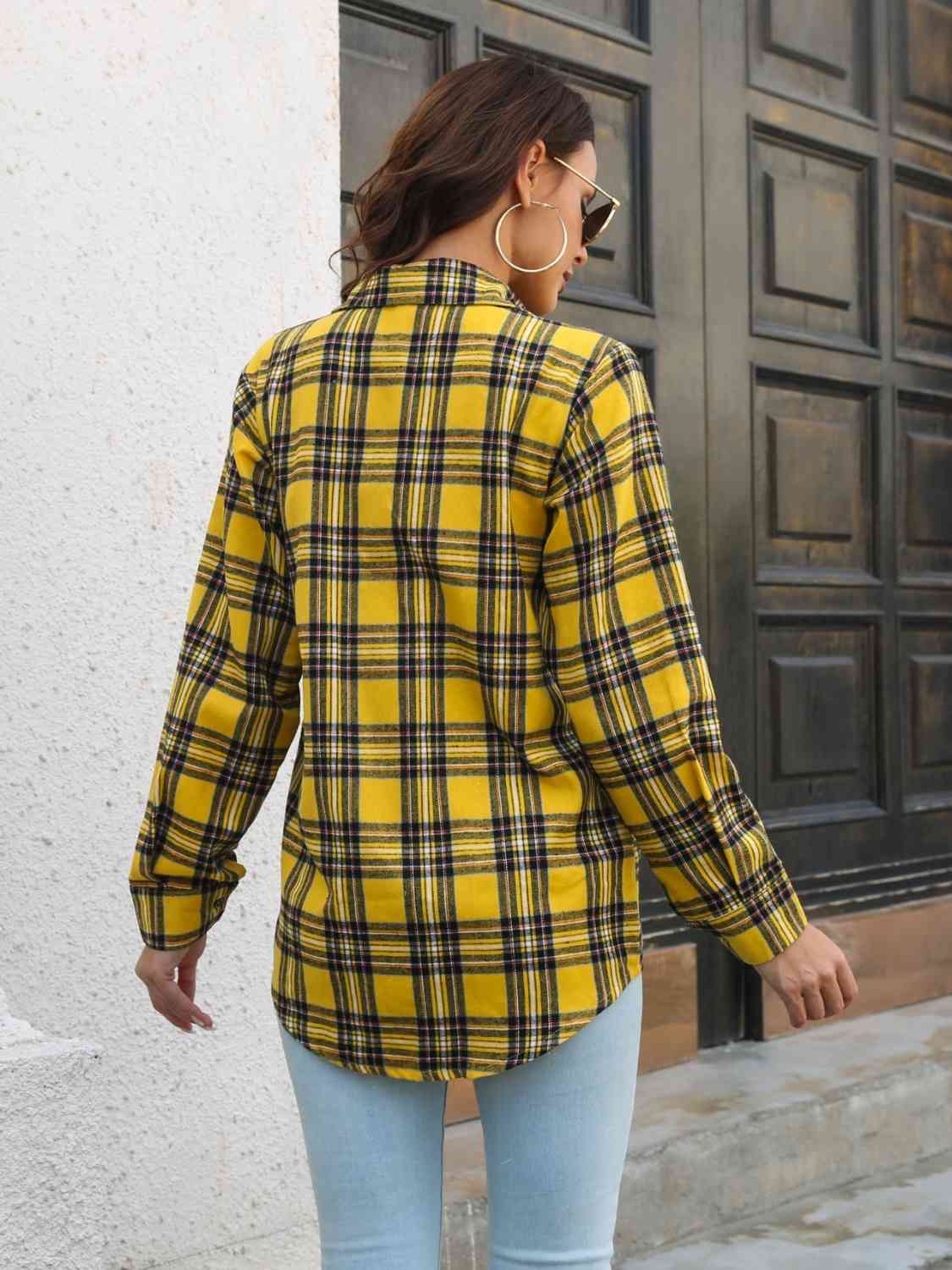 Plaid Collared Neck Buttoned Shirt with Pockets BLUE ZONE PLANET
