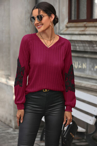 Blue Zone Planet | Ribbed Lace Detail V-Neck Sweater BLUE ZONE PLANET