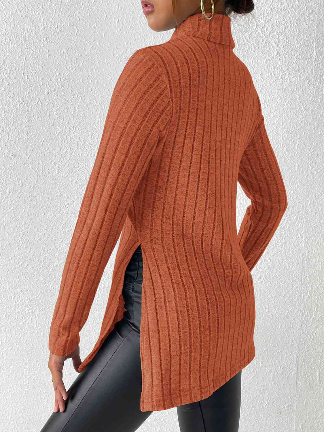 Ribbed Turtleneck Long Sleeve Slit T-Shirt BLUE ZONE PLANET