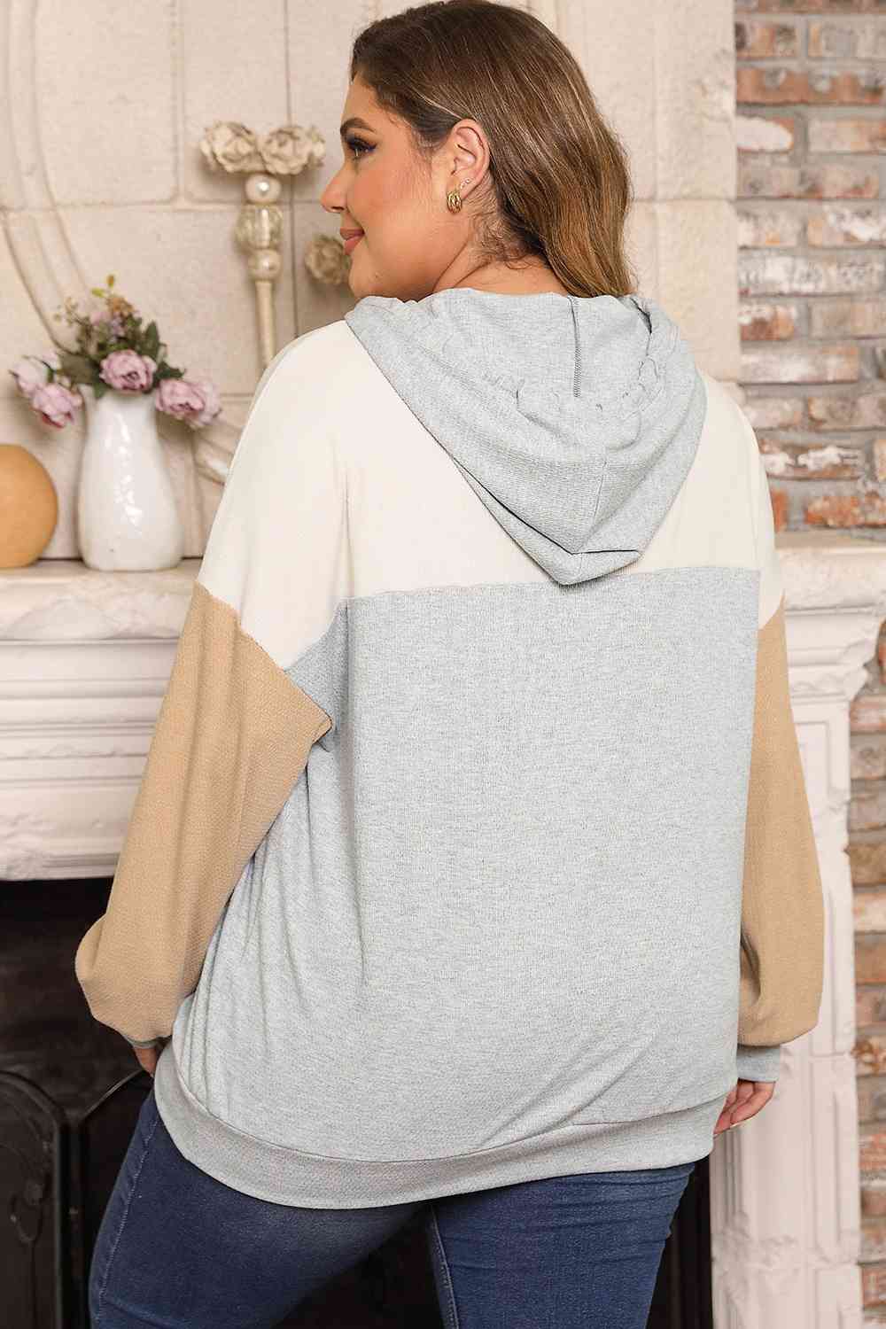 Blue Zone Planet | Plus Size Color Block Drawstring Long Sleeve Hoodie BLUE ZONE PLANET