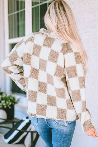 Checkered Snap Down Long Sleeve Jacket BLUE ZONE PLANET