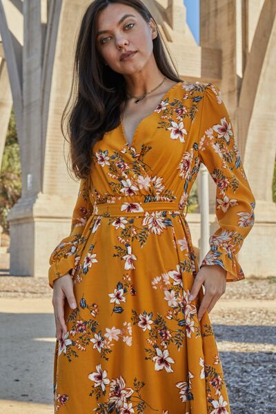 Double Take Full Size Floral Tie Back Flounce Sleeve Dress BLUE ZONE PLANET