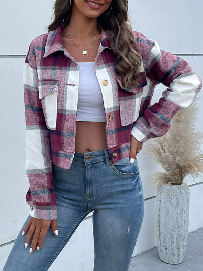 Blue Zone Planet | Plaid Button Up Drop Shoulder Cropped Jacket BLUE ZONE PLANET