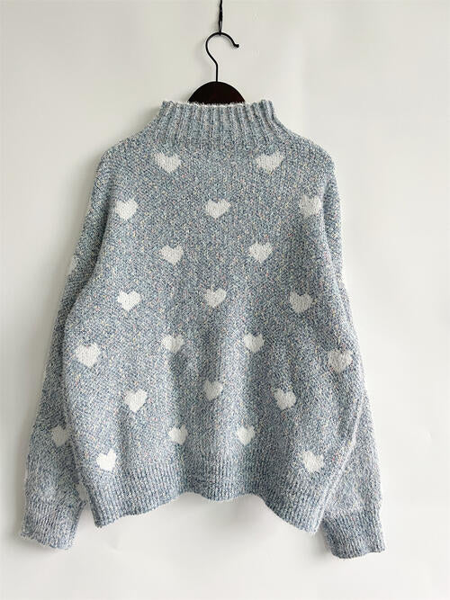 Blue Zone Planet | Heart Heathered Turtleneck Drop Shoulder Sweater BLUE ZONE PLANET