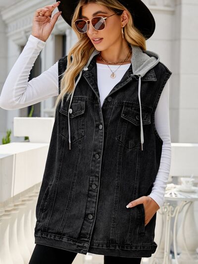 Drawstring Pocketed Button Up Sleeveless Denim Jacket Trendsi