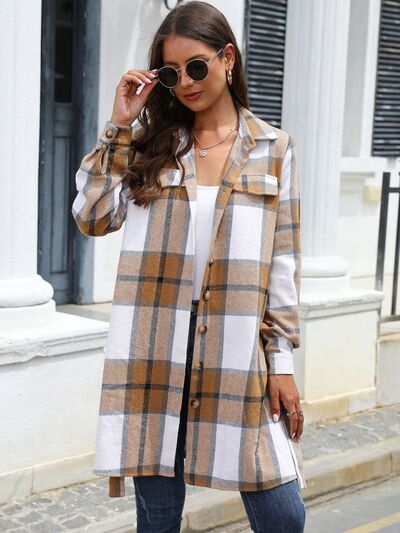 Blue Zone Planet | Plaid Belted Collared Neck Button Up Jacket BLUE ZONE PLANET