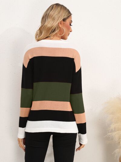 Striped Round Neck Dropped Shoulder Sweater BLUE ZONE PLANET