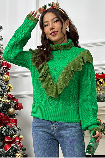 Blue Zone Planet | Cable-Knit Ruffled Mock Neck Lantern Sleeve Sweater BLUE ZONE PLANET